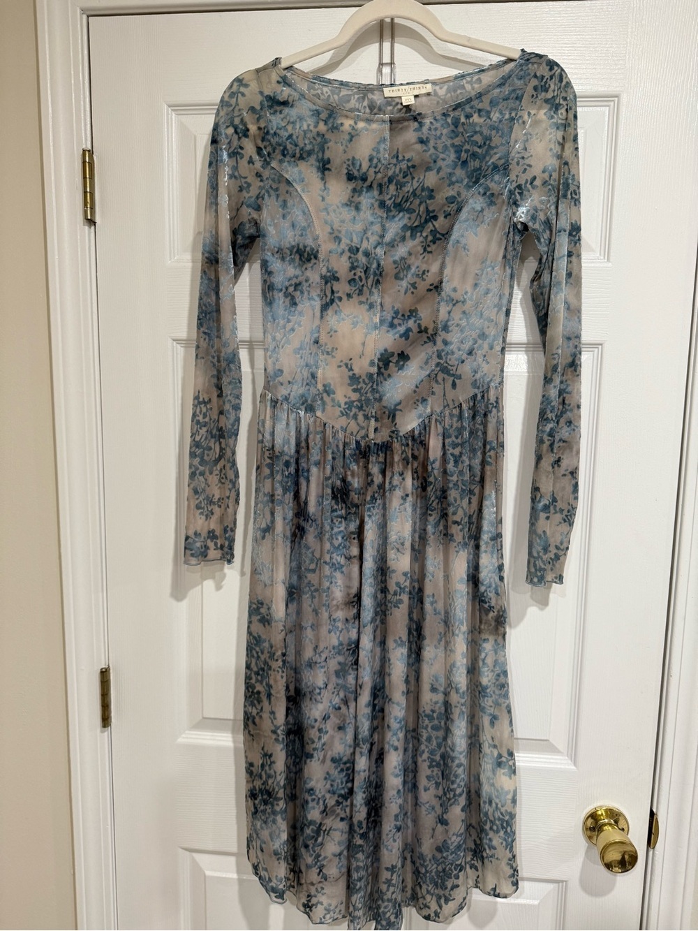 Thirty Thirty Dusty Blue Floral Sheer Long Sleeve Midi Dress